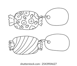 Outline of two candies with patterns of flowers and leaves and stripes. Vector illustration on a white background
