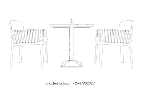 Outline of two chairs and a table with forks, knives and napkins. Side View.