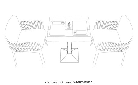 Outline of two chairs and a table with forks, knives and napkins. Side View.