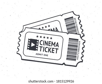 Esbozo de dos entradas de cine con código de barras. Cupones retro de papel par para la entrada de películas. Símbolo de la industria cinematográfica. Ilustración vectorial. Esbozo de tinta negra dibujado a mano, aislado en fondo blanco