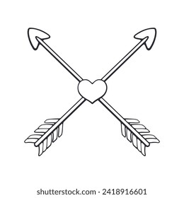 Outline of Two Crossed Cupid Arrows with Heart in the Middle. Valentines Day Symbol. Vector Illustration. Hand drawn Doodle Clip Art. Design Element Isolated on White Background