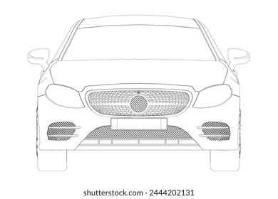 Contorno de un coche moderno de dos puertas hecho de líneas negras aisladas sobre un fondo blanco. Vista frontal. Ilustración vectorial.