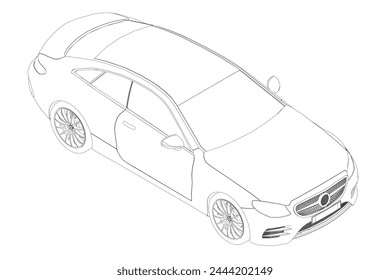 Outline of a two door modern car made of black lines isolated on a white background. Isometric view. Vector illustration. 3D.