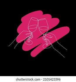 Outline Two glasses with a drink in hands on a black background with a pink brush stroke of an abstract shape.Vector contour illustration with glasses of wine.Excellent design for printing.
