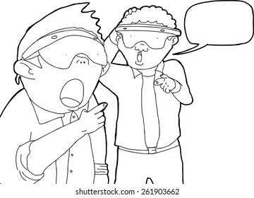 Outline of two men in virtual reality lenses pointing