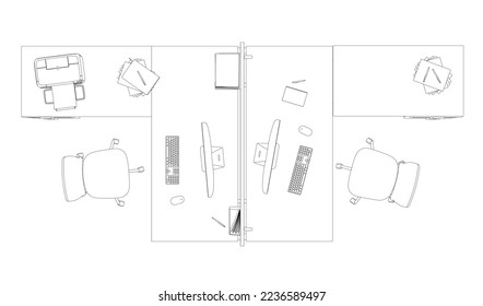 Outline of two office workplaces with computers and accessories from black lines isolated on white background. View from above. 3D. Vector illustration.