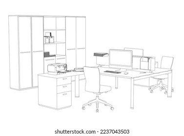 Outline of two office workplaces with computers and accessories from black lines isolated on white background. Perspective view. 3D. Vector illustration.