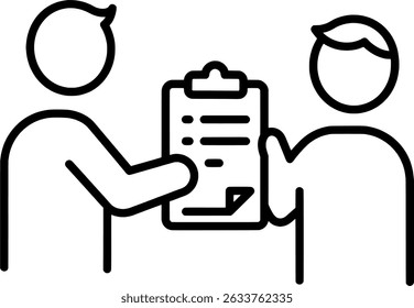 Outline Two People Exchanging Signed Document On Clipboard Icon