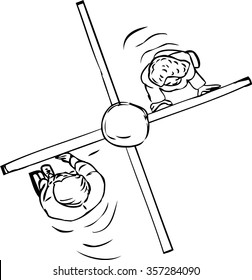 Outline of two people pushing through a turnstile