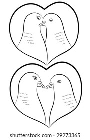 Outline of two pigeons in love in a silhouette of a heart.