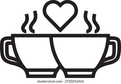 Esquema de dos tazas humeantes con un corazón, simbolizando momentos compartidos, amor y bebidas calientes para parejas.