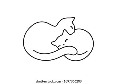 Outline of two sweet cats lying. Couple of kittens line vector illustration isolated on white background. Funny mother and baby pussycats. 