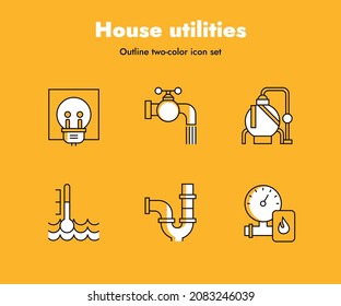 Outline two-color icon set. 
gas, recycling, recycle, socket, rosette, electric, outlet, energy, house, electricity, station, outline, plumbing, engineering, wastewater, illustration, elements, icons.