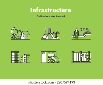 Outline two-color icon set. gas, recycling, recycle, socket, rosette, electric, outlet, energy, house, electricity, station, outline, plumbing, engineering, wastewater, illustration, elements, icons.
