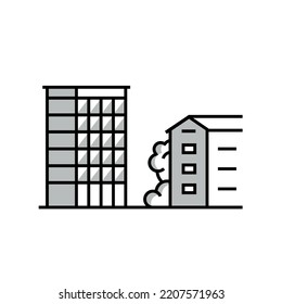 Outline two-color icon set. Office building and apartment house outline icon grey