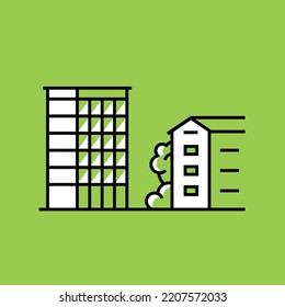 Outline two-color icon set. Office building and apartment house outline icon green