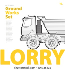 Outline typography set with lorry. Outlined truck. Construction machinery vehicle. Construction equipment for building. Nice ground works typography page.