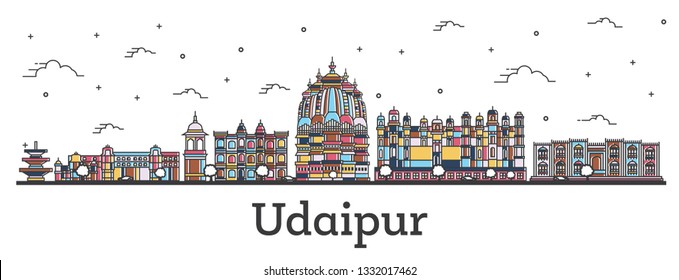 Outline Udaipur India City Skyline with Color Buildings Isolated on White. Vector Illustration. Udaipur Cityscape with Landmarks.