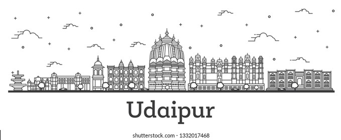 Outline Udaipur India City Skyline with Historical Buildings Isolated on White. Vector Illustration. Udaipur Cityscape with Landmarks.