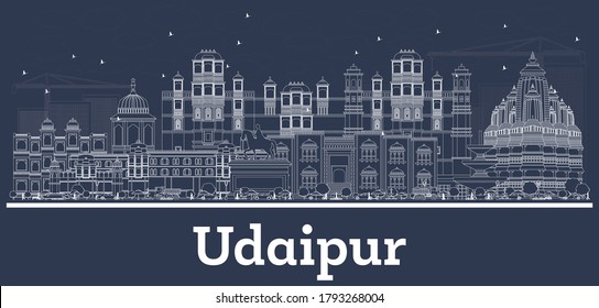 Outline Udaipur India City Skyline with White Buildings. Vector Illustration. Business Travel and Concept with Historic Architecture. Udaipur Cityscape with Landmarks.