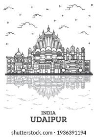 Outline Udaipur India City Skyline with Historical Buildings and Reflections Isolated on White. Vector Illustration. Udaipur Cityscape with Landmarks.