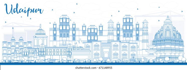 Outline Udaipur Skyline with Blue Buildings. Vector Illustration. Business Travel and Tourism Concept with Historic Architecture. Image for Presentation Banner Placard and Web Site.