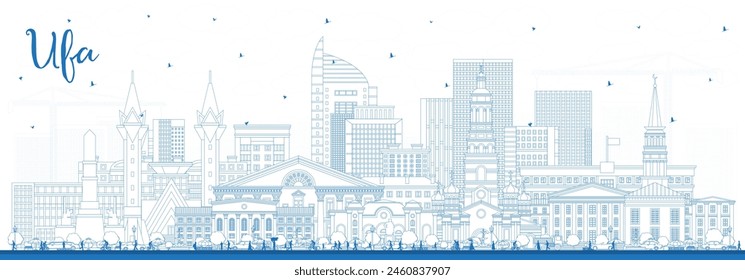 Outline Ufa Russia city skyline with blue buildings. Vector illustration. Ufa cityscape with landmarks. Business travel and tourism concept with modern and historic architecture.