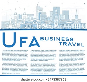 Outline Ufa Russia city skyline with blue buildings and copy space. Vector illustration. Ufa cityscape with landmarks. Business travel and tourism concept with modern and historic architecture.