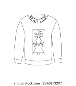 Contorno suéter feo, pullover, saltar con la impresión de un árbol de Navidad. Lo esencial del invierno. Ropa acogedora. Dibujo lineal. Doodle, icono.