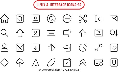 Conjunto de iconos de interfaz UI UX que contiene 32 símbolos de Vector en blanco y negro. Diseñado para Diseño web, aplicaciones móviles, paneles, interfaces de software y proyectos de experiencia de usuario. Iconos de estilo de línea limpia perfectos para el diseño moderno de interfaz de usuario, menús de navegación, Botones y productos digitales.