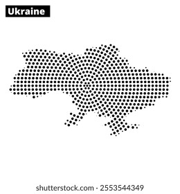 An outline of Ukraine filled with a dot pattern, emphasizing the country's geographical features and borders in a unique way.
