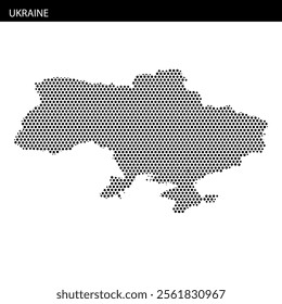 An outline of Ukraine filled with a dot pattern, emphasizing the country's geographical features and borders in a unique way.