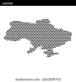 An outline of Ukraine filled with a dot pattern, emphasizing the country's geographical features and borders in a unique way.