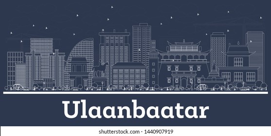 Outline Ulaanbaatar Mongolia City Skyline with White Buildings. Vector Illustration. Business Travel and Tourism Concept with Modern Architecture. Ulaanbaatar Cityscape with Landmarks. 