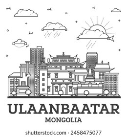 Outline Ulaanbaatar Mongolia City Skyline with Modern and Historic Buildings Isolated on White. Vector Illustration. Ulaanbaatar Cityscape with Landmarks.