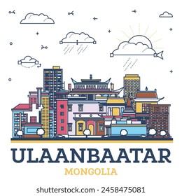 Contorno de Ulaanbaatar Mongolia Ciudad Skyline con edificios históricos de colores aislados en blanco. Ilustración vectorial. Paisaje urbano de Ulaanbaatar con Lugares famosos.