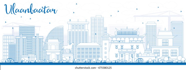 Outline Ulaanbaatar Skyline with Blue Buildings. Vector Illustration. Business Travel and Tourism Concept with Historic Buildings. Image for Presentation Banner Placard and Web Site.