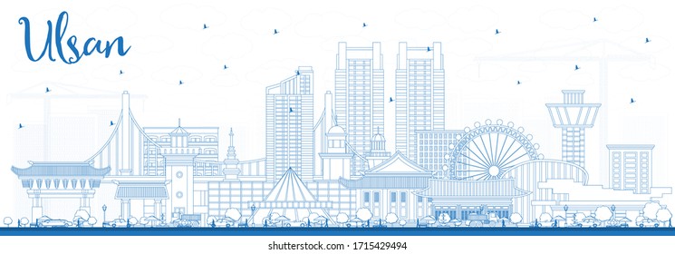 Outline Ulsan South Korea City Skyline with Blue Buildings. Vector Illustration. Business Travel and Tourism Concept with Historic and Modern Architecture. Ulsan Cityscape with Landmarks.