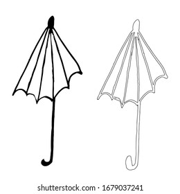 Outline umbrella. Hand drawn. Black and white line art. Open umbrella