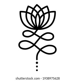 Outline Unalome Lotus. Black Flower isolated on white background. Sacred Buddhist Floral Symbol. Yoga Studio Logo Design. Tattoo design. Hindu style. Vector illustration