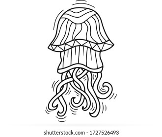 Outline underwater animal isolated on white. Jellyfish. Sketch hand drawing art line. Coloring page book. Outline sea life. Vector stock illustration. EPS 10