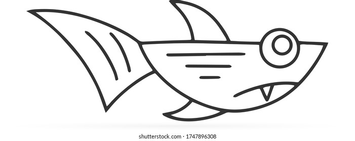Outline underwater animal isolated on white. Shark. Sketch hand drawing art line. Coloring page book. Outline sea life. Vector stock illustration
