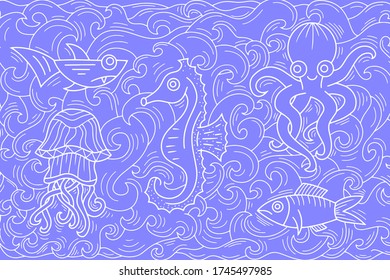 Outline underwater animal. Octopus, shark, jellyfish, fish, seahorse in water. Sketch hand drawing art line. Coloring page book. Outline sea life. Vector stock illustration. EPS 10