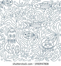Rahmenmuster für Unterwassertiere, nahtlos einzeln auf weiß. Sketch Hand Zeichnung Kunstlinie. Leben in der See. Vektorgrafik. EPS10
