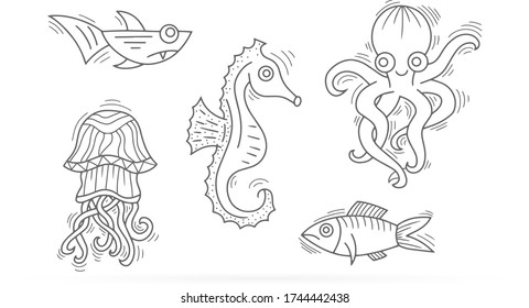 Outline underwater animals isolated on white. Octopus, shark, jellyfish, fish, seahorse. Sketch hand drawing art line. Coloring page book. Outline sea life. Vector stock illustration. EPS 10