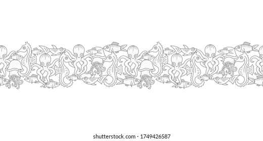 Outline underwater animals seamless border. Octopus, shark, jellyfish, fish, seahorse in water. Sketch hand drawing art line. Coloring page book. Outline sea life. Vector stock illustration. EPS 10