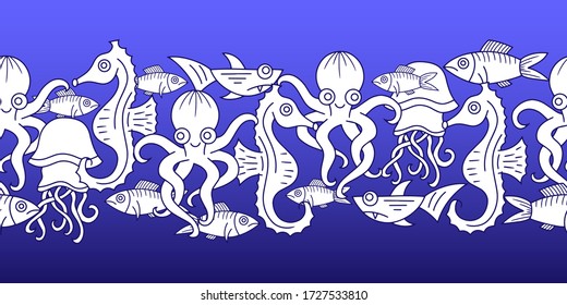 Outline underwater animals seamless. Octopus, shark, jellyfish, fish, seahorse in water. Sketch hand drawing art line. Coloring page book. Outline sea life. Vector stock illustration