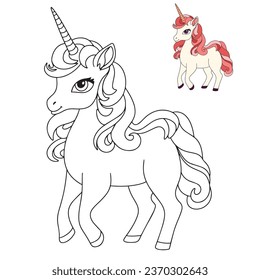 Outline unicorn coloring page. Doodle unicorn for coloring book for children education. Vector illustration.