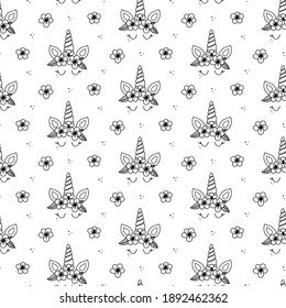 Outline Unicorn face seamless pattern with frangipani flowers, vector illustration