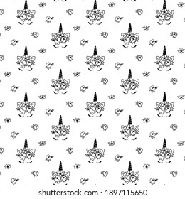 Outline Unicorn Gesicht nahtloses Muster mit Blumen, Vektorgrafik